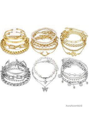 24 Pcs Mixed Gold Silver Stackable Bracelets Set for Women